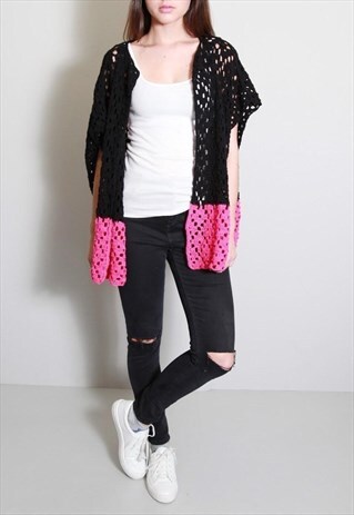 VINTAGE 1970'S BLACK AND PINK STRIPE CROCHET CARDIGAN