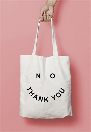 NO THANK YOU SMILEY FACE SLOGAN PRINT TOTE BAG SHOPPER WHITE