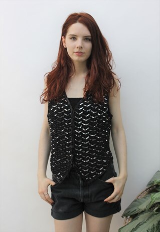 VINTAGE 1980S BLACK & SILVER SEQUIN WAISTCOAT