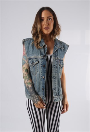 VINTAGE DENIM WAISTCOAT JACKET OVERSIZED FITTED UK 16 (AD1R)