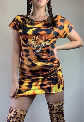 VINTAGE Y2K ROBERTO JUST CAVALLI LEOPARD PRINT FLAME DRESS