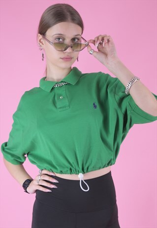 VINTAGE REWORKED RALPH LAUREN CROP TOP POLO SHIRT IN GREEN