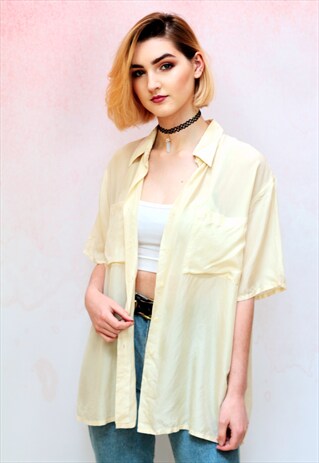 1990S VINTAGE CREAM SHORT SLEEVE PURE SILK OVERSIZED SHIRT