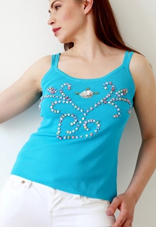 BEADED 90S VINTAGE CAMI TOP VEST BABY TEE BRIGHT BLUE S-M