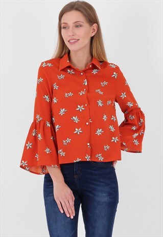 RED COLLARED FLORAL PRINT BELL SLEEVES SMOCK TOP