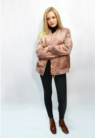 ROSE GOLD SATIN BOMBER PUFFER JACKET WITH QUILT LINING