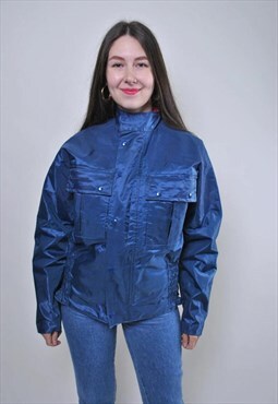 Vintage blue autumn jacket, 90s nylon women jacket 