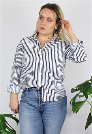 VINTAGE 1980'S PINSTRIPE NAVY AND WHITE COTTON SHIRT 10 12
