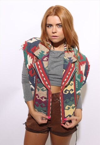 VINTAGE 1980'S 80'S SOUTHWESTERN CUT OFF GILET OVERSIZED M-L