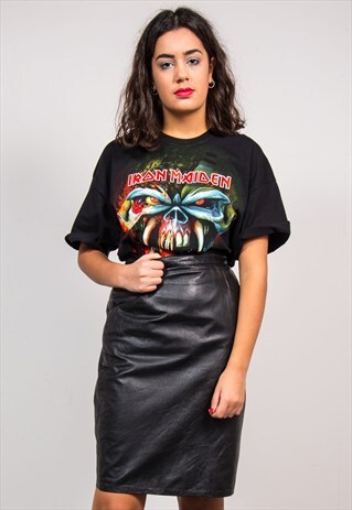 VINTAGE 90'S BLACK LEATHER MIDI PENCIL SKIRT