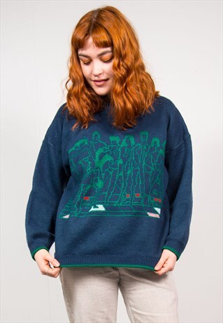 VINTAGE 90'S NAVY BLUE DISCO DANCING NOVELTY KNIT JUMPER