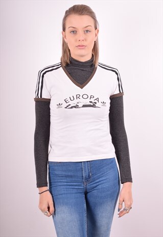 ADIDAS WOMENS VINTAGE T-SHIRT TOP MEDIUM WHITE 90S