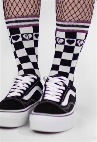 'LIFE AND DEATH' BLACK/WHITE CHECKERBOARD HEART SOCKS
