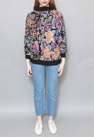 VINTAGE 1970'S SOFT FLORAL HIGH NECK VELVET BATWING JUMPER
