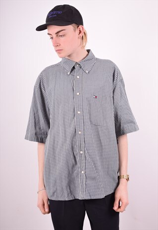 TOMMY HILFIGER MENS VINTAGE SHIRT XL NAVY BLUE CHECK 90S