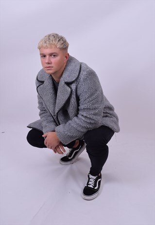 VINTAGE 80'S GREY FAUX FUR TEDDY BEAR COAT SIZE MEDIUM LARGE