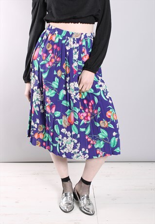 VINTAGE 80S BRIGHT FLORAL PATTERNED PLEATED MIDI SKIRT