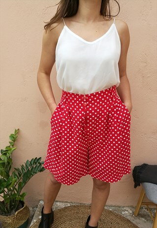 VINTAGE 90S, HIGH WAISTED, POLKA DOT CULOTTES SHORTS IN RED