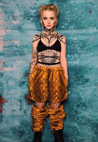 SNAKE FUR JOGGERS HANDMADE LUXURY PYTHON FLEECE PANTS YELLOW