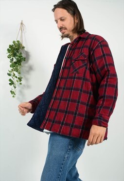 Vintage 90s Padded Flannel Shirt Maroon Plaid Unisex Size XL