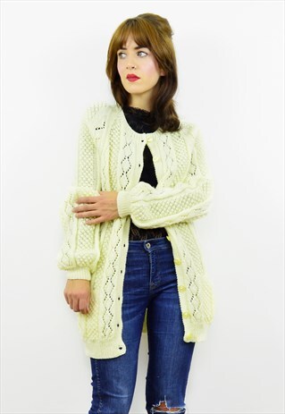 VINTAGE 80S PALE YELLOW CABLE KNIT CARDIGAN