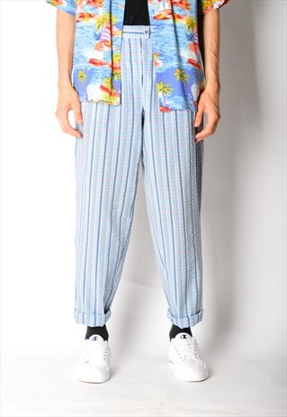 VINTAGE 80S UNISEX BLUE STRIPED CHECK LIGHTWEIGHT PANTS