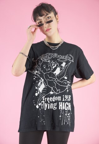 VINTAGE ED HARDY T-SHIRT IN BLACK WITH GLITTER PRINT