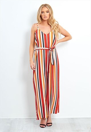 ORANGE STRIPED WIDE LEG BELTED JUMPSUIT