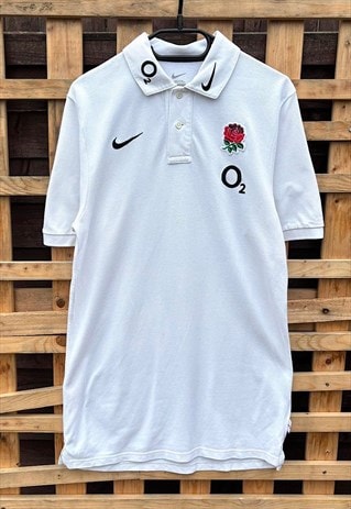 Nike England rugby white embroidered polo shirt medium 