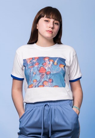 RINGER BLUE JELLYFISH TRIM T SHIRT SLEEVE BLUE