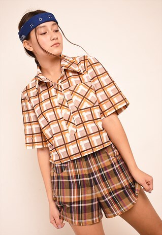 VINTAGE 70'S MOD FESTIVAL TARTAN CHECKED CROP TOP BLOUSE