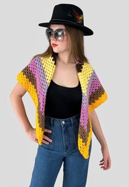 70's Vintage Wool Crochet Yellow Pink Shawl Scarf