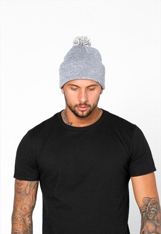 ESSENTIAL CUFFED BOBBLE BEANIE HAT - HEATHER GREY