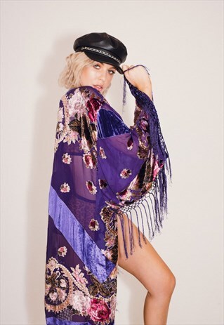 BURNOUT VELVET FESTIVAL KIMONO JACKET WITH FRINGING