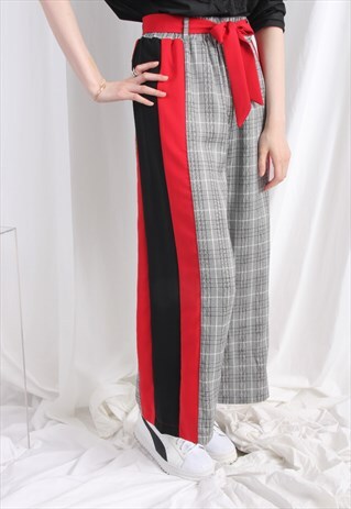 (KOREAN) MIXED FABRIC TARTAN TROUSERS BLACK/ RED COMBO