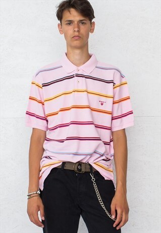 90S VINTAGE PINK GANT RUGGER SHORT SLEEVE STRIPED POLO SHIRT