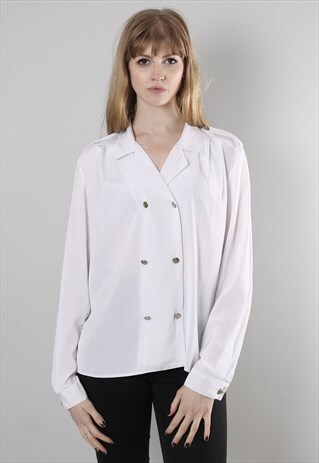 VINTAGE 80S WHITE SATIN DOUBLE BREASTED BLOUSE