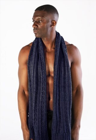 ESSENTIAL WOOL CABLE TEXTURED TASSEL SCARF - NAVY BLUE
