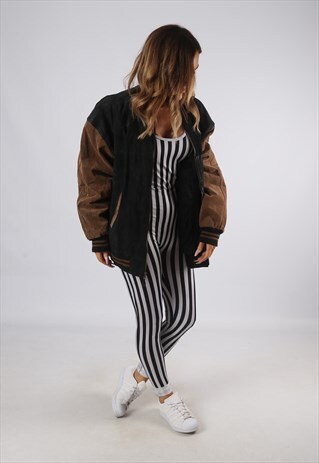 VINTAGE VARSITY SUEDE BOMBER JACKET OVERSIZED UK 16 (JE4G)