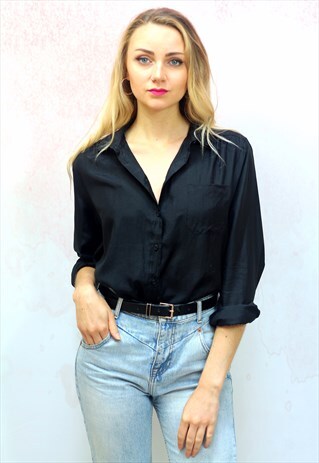 1990S VINTAGE JET BLACK SILK OVERSIZED SHIRT