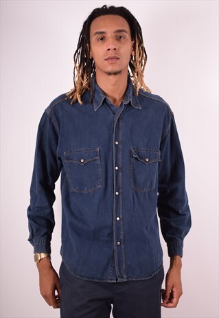 MENS VINTAGE DENIM SHIRT MEDIUM NAVY BLUE 90S