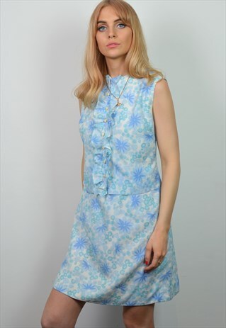 VINTAGE 60S BLUE & WHITE FLORAL PATTERN MINI SHIFT DRESS