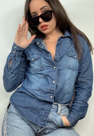 VINTAGE Y2K DENIM POPPER SHIRT TOP BLOUSE