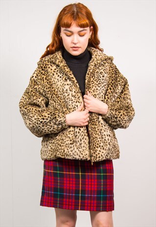 VINTAGE 90'S LEOPARD PRINT FAUX FUR COAT JACKET