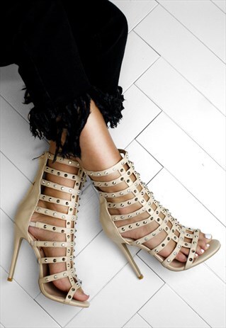TAMMY NUDE STUD CAGED HEELED SANDALS WITH DIAMANTE DETAIL