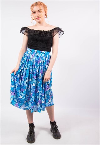 VINTAGE 90'S BLUE PLEATED FLORAL MIDI SKIRT