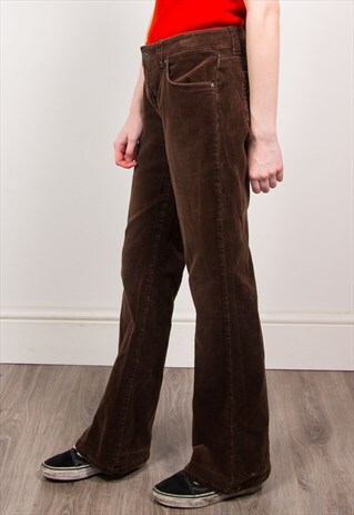 VINTAGE 90'S BROWN CORD HIGH WAIST KICK FLARE TROUSERS