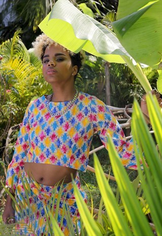 TACY JENGA BLUE PRINT COTTON LONG SLEEVE CROP TOP