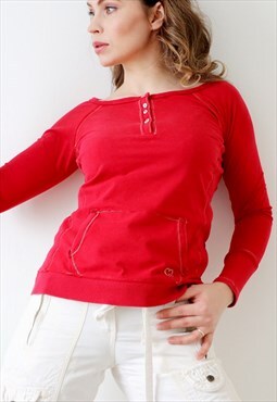 Y2k Vintage Top Long Sleeve T-shirt Kangaroo Pocket Top Red