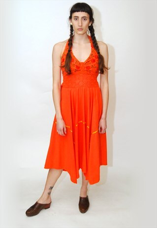 VINTAGE HALTER DRESS (S) CROCHET 90S MEXICAN ETHNIC SHIRRED